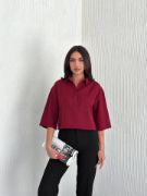 Crop Yakalı Gömlek Üç Çeyrek Sleeve Kol - Bordo resmi